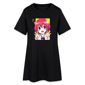 Süßes Anime Manga Mädchen - Peace Zeichen Kawaii - Frauen T-Shirt-Kleid - Schwarz - Vorne