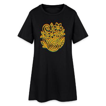 Kirituhi Style – Tribal Blumenmuster im Retro-Look - Frauen T-Shirt-Kleid - Schwarz - Vorne