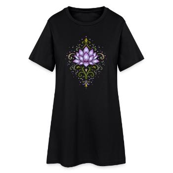 Ornamentale Lotusblüte in Violett & Grün - Frauen T-Shirt-Kleid - Schwarz - Vorne