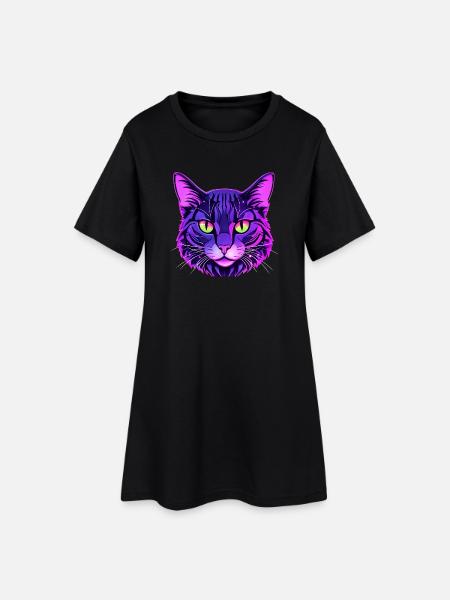 Portrait de chat aux couleurs néon - Robe T-shirt Femme - noir