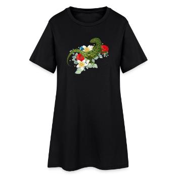 Grüne Eidechse auf Blumen botanisches Motiv - Frauen T-Shirt-Kleid - Schwarz - Vorne
