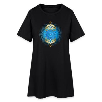 Gold brooches motif with bright blue cornflower - Women’s T-Shirt Dress - black - Front