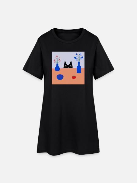 Judas Chat Ludique Motif Fleur - Robe T-shirt Femme - noir