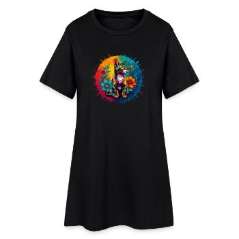 Colorful decorative cat with flowers - Women’s T-Shirt Dress - black - Front