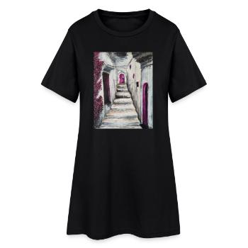 Escalier blanchi à la chaux ensoleillé avec des accents roses Grèce - Robe T-shirt Femme - noir - Devant