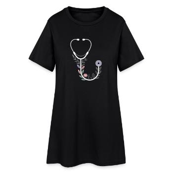 Floral Motif with Medical Stethoscope - Women’s T-Shirt Dress - black - Front