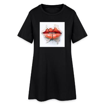 Kräftige Lippen auf rissiger Wand - Frauen T-Shirt-Kleid - Schwarz - Vorne