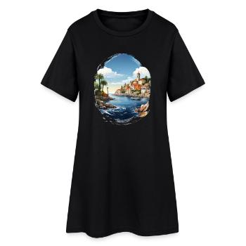 Vue sur la mer avec ville côtière et palmier - Robe T-shirt Femme - noir - Devant