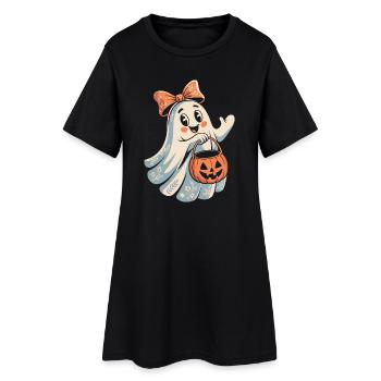 Cute Halloween Ghost Girl with Pumpkin Basket - Women’s T-Shirt Dress - black - Front