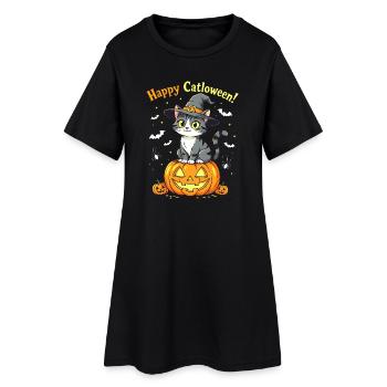 cat Halloween funny pumpkin Happy Catloween witch - Women’s T-Shirt Dress - black - Front