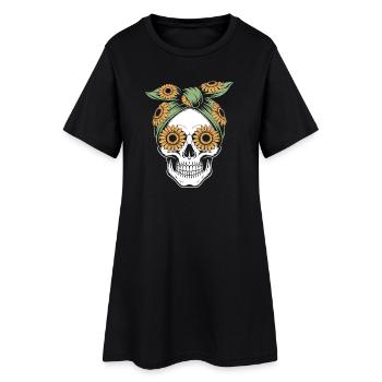 skull bandana sunflower, - Women’s T-Shirt Dress - black - Front
