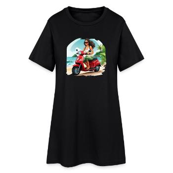 Femme avec un scooter rouge sur la plage - Robe T-shirt Femme - noir - Devant