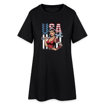 Femme forte avec une clé à molette devant le drapeau des États-Unis - Robe T-shirt Femme - noir - Devant