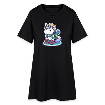 Abenteuer Einhorn mit Rucksack & Wanderschuhen - Frauen T-Shirt-Kleid - Schwarz - Vorne