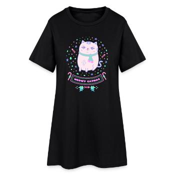 Meowy Catmas rosa Kawaii Weihnachts-Katze  - Frauen T-Shirt-Kleid - Schwarz - Vorne