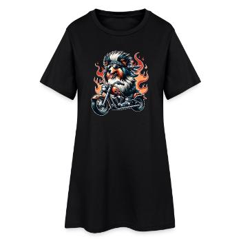 Chien motard à moto avec flammes Sheltie - Robe T-shirt Femme - noir - Devant