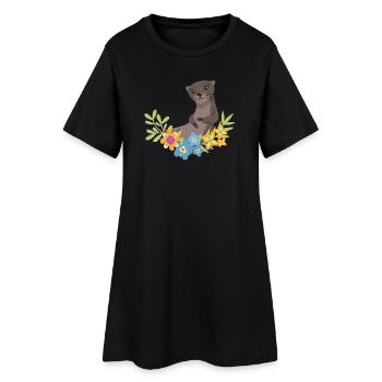 Sea Otter Cartoon Flower Floral - Women’s T-Shirt Dress - black - Front