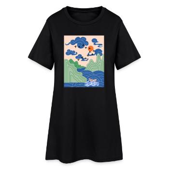 Design d’art coréen avec grues et bateau en origami - Robe T-shirt Femme - noir - Devant