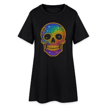 Regenbogen Glitzer Totenkopf Halloween - Frauen T-Shirt-Kleid - Schwarz - Vorne