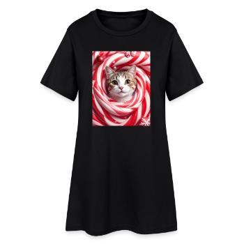 Weihnachtskatze in Pfefferminzbonbons - Frauen T-Shirt-Kleid - Schwarz - Vorne