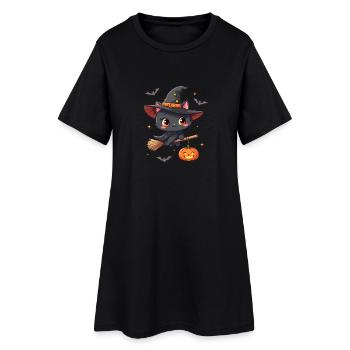 Halloween Katze mit Halloween Kürbis - Frauen T-Shirt-Kleid - Schwarz - Vorne