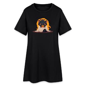 Halloween Katze mit Halloween Kürbis - Frauen T-Shirt-Kleid - Schwarz - Vorne