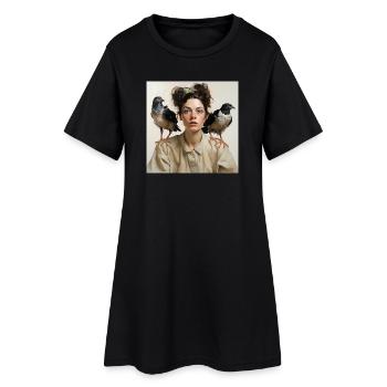 Junge Frau zwei Krähenvögel Schultern Portrait - Frauen T-Shirt-Kleid - Schwarz - Vorne