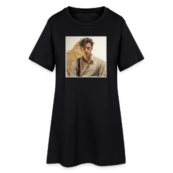 Beige portrait with leather straps - Women’s T-Shirt Dress - black - Front