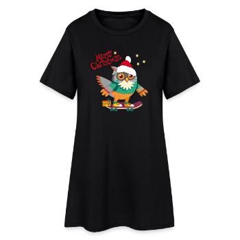 Weihnachtseule auf Skateboard - Frauen T-Shirt-Kleid - Schwarz - Vorne