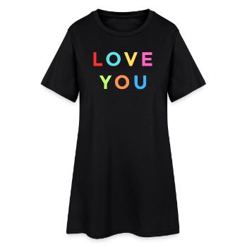 Buntes LOVE YOU Design – Regenbogen Buchstaben - Frauen T-Shirt-Kleid - Schwarz - Vorne
