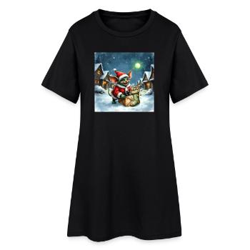 Lutin de Noël pousse un cadeau enneigé - Robe T-shirt Femme - noir - Devant