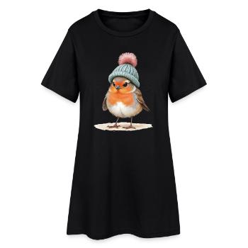 Robin en bonnet d’hiver en tricot - Robe T-shirt Femme - noir - Devant