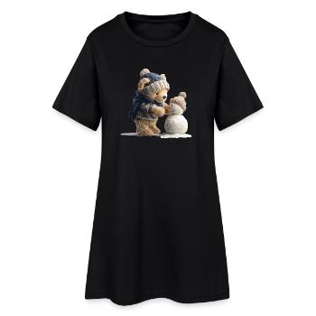 Teddy bear with hat and scarf builds snowman - Women’s T-Shirt Dress - black - Front