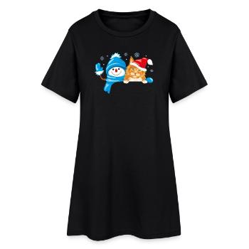 Bonhomme de neige qui fait signe et chat roux mignon - Robe T-shirt Femme - noir - Devant