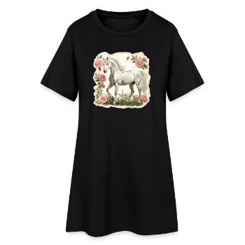 Pferd Vintage Blumen - Frauen T-Shirt-Kleid - Schwarz - Vorne