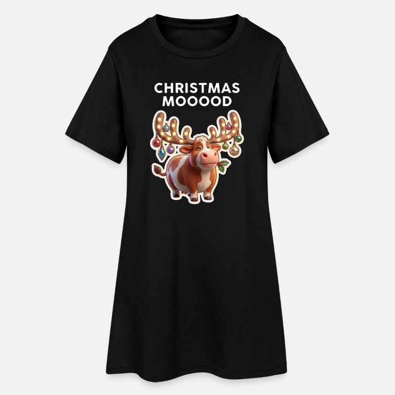 Weihnachtskuh mit Leuchtornamenten - Frauen T-Shirt-Kleid - Schwarz