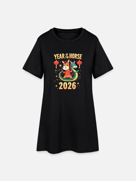 Chinese New Year Of The Horse 2026 - Frauen T-Shirt-Kleid - Schwarz