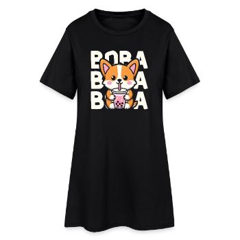 Cute Corgi Dog Enjoying Delicious Boba Tea - Women’s T-Shirt Dress - black - Front