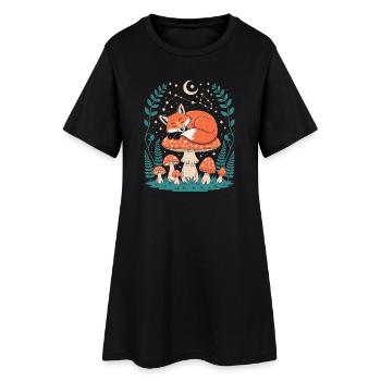 Schlafender Fuchs auf Pilz unter Sternenhimmel - Frauen T-Shirt-Kleid - Schwarz - Vorne