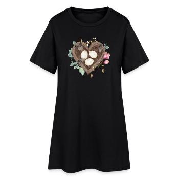 Heart-shaped bird's nest with bird eggs and flowers - Women’s T-Shirt Dress - black - Front