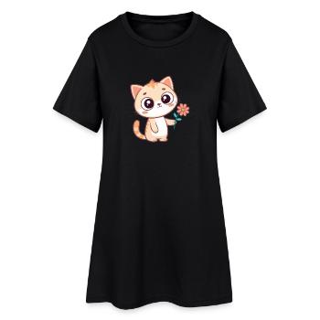 Chat kawaii et fleur pastel - Robe T-shirt Femme - noir - Devant