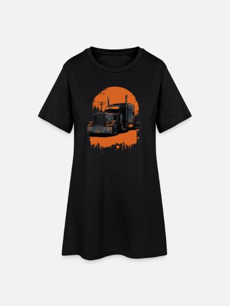 LKW im orangefarbenen Farbton - Frauen T-Shirt-Kleid - Schwarz