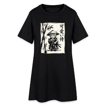 Samurai Katze Sumi-e Tuschezeichnung - Frauen T-Shirt-Kleid - Schwarz - Vorne