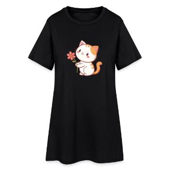 Süße Katze hält eine Blume - Frauen T-Shirt-Kleid - Schwarz - Vorne