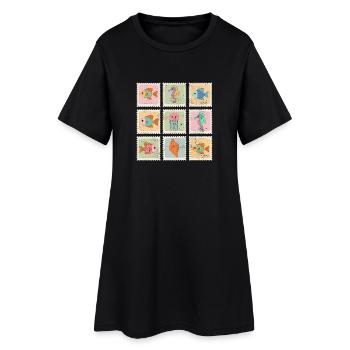 Tiere des Meeres Muster-Stempel - Frauen T-Shirt-Kleid - Schwarz - Vorne