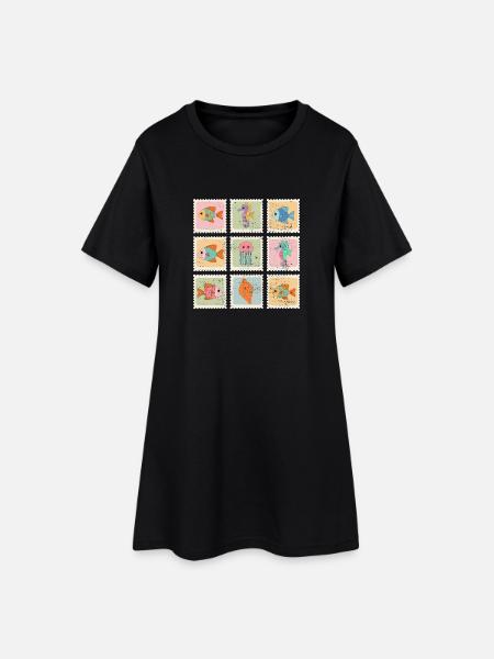 Timbres du motif Animaux de la mer - Robe T-shirt Femme - noir