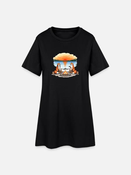 Feu de camp Fox au coucher du soleil au bord du lac - Robe T-shirt Femme - noir
