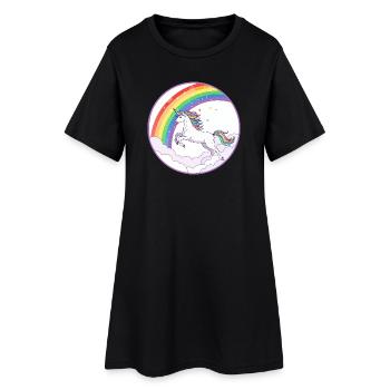 Regenbogen Einhorn über Wolken Herzchen Motiv - Frauen T-Shirt-Kleid - Schwarz - Vorne