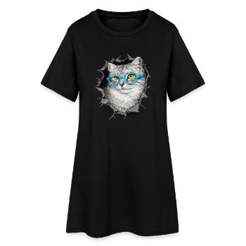 Süße Katze – Blaue Brille Mixed Media Kunst - Frauen T-Shirt-Kleid - Schwarz - Vorne
