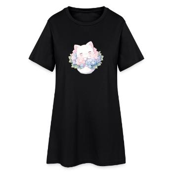 Chat blanc mignon dans les hortensias – Kawaii Design - Robe T-shirt Femme - noir - Devant